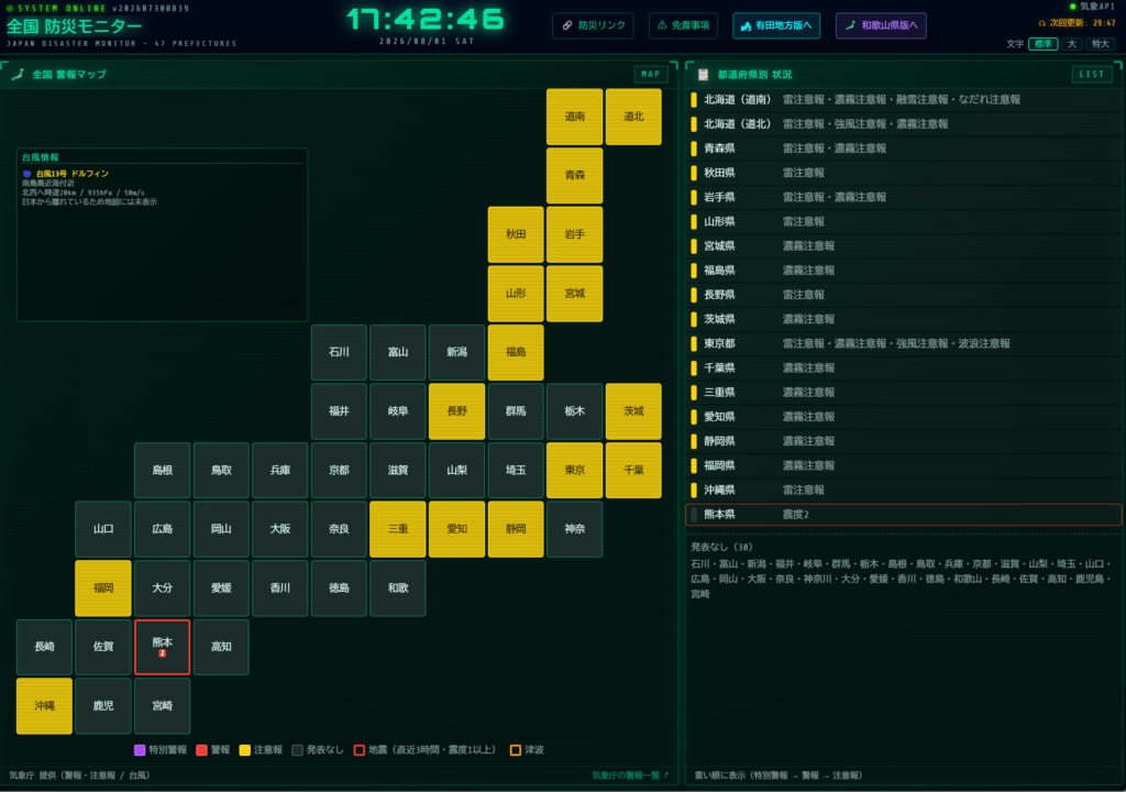防災モニター 簡易全国版を試験公開しました